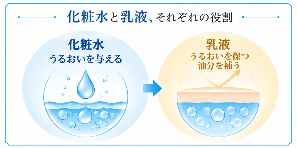 化粧水でうるおいを与え、乳液でうるおいを守る